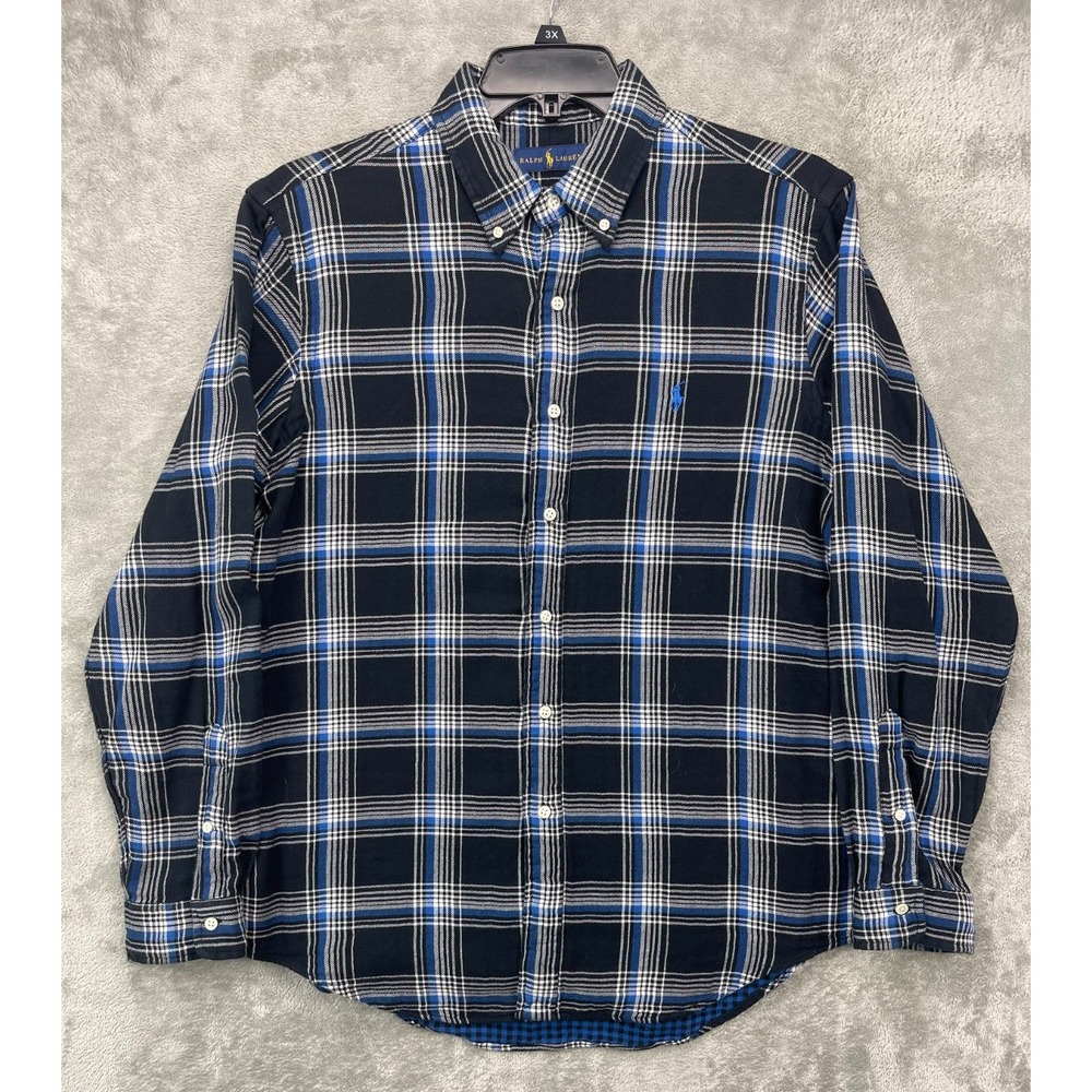 Ralph Lauren Men's Flannel Shirt Sz L Black Plaidโ Pony Long Sleeve Button Up